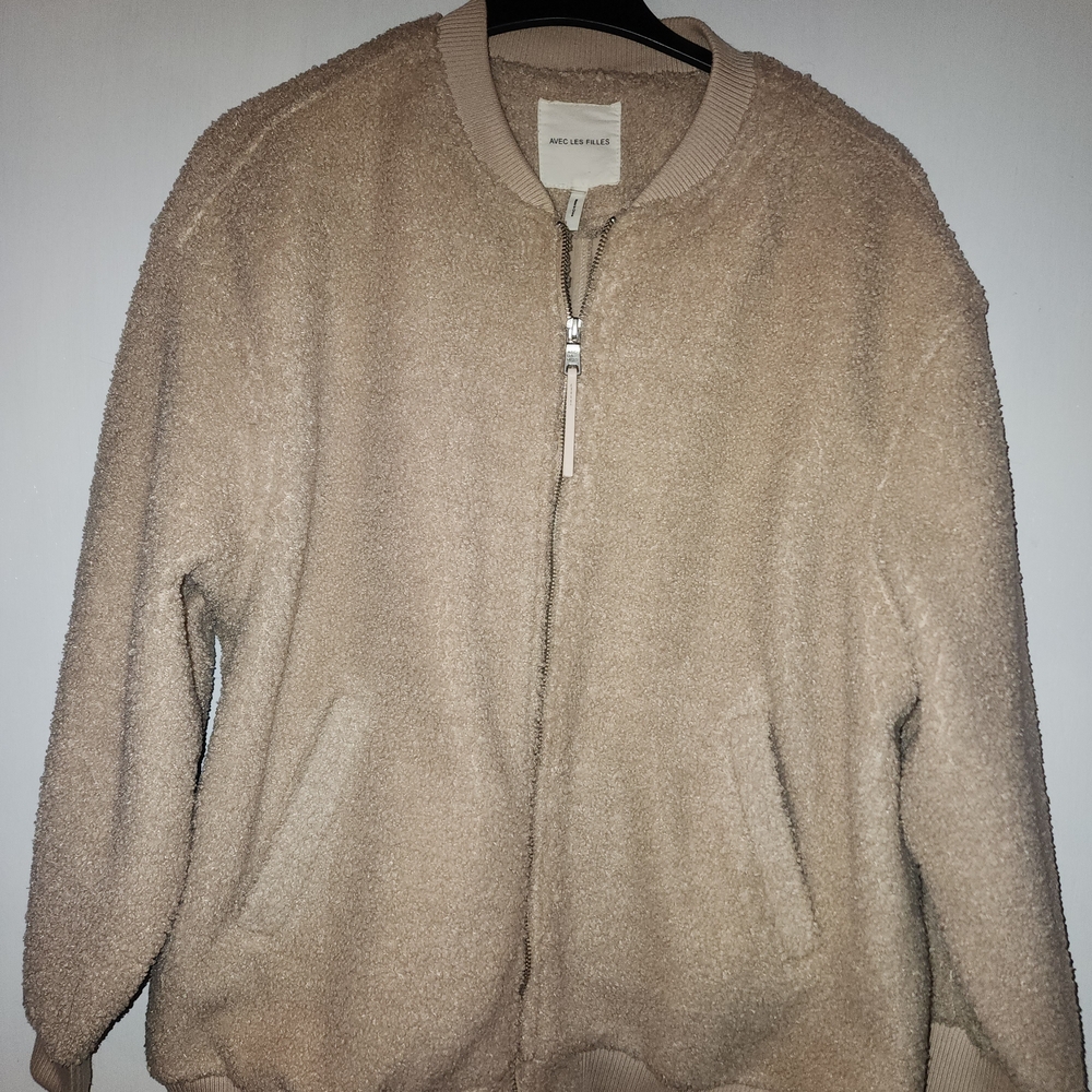 Avec Les Filles Teddy Fleece Jacket Beige Zip Up Bomber Women’s L